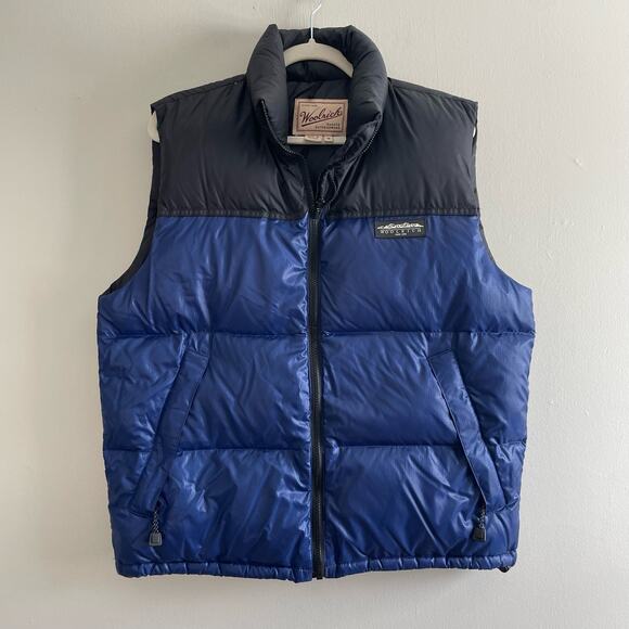 Woolrich Men's Size M Blue Black Goose Down Nylon Puffer Vest Zip Pockets - Picture 1 of 8